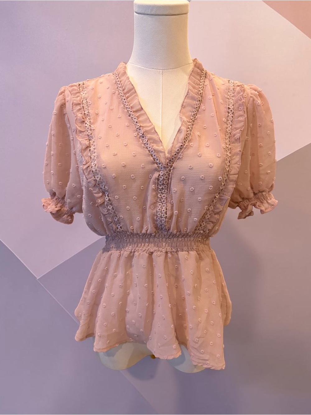 Love Tree Blush Pink Swiss Dot Peplum Top